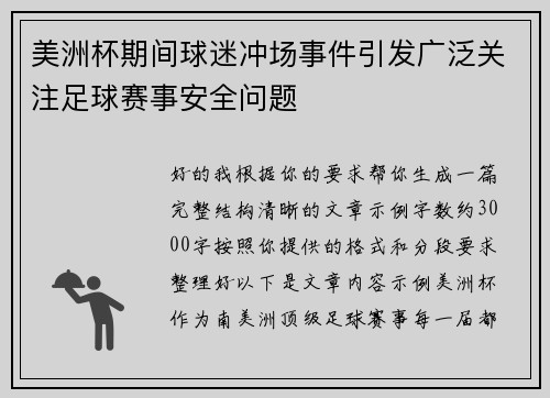 美洲杯期间球迷冲场事件引发广泛关注足球赛事安全问题