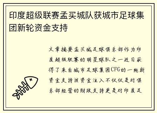 印度超级联赛孟买城队获城市足球集团新轮资金支持