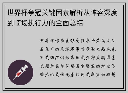 世界杯争冠关键因素解析从阵容深度到临场执行力的全面总结